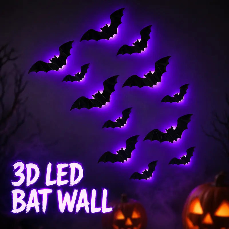 Halloween LED Light-Up Bats Decoration - 3D Black Bats for Wall & Ceiling - Perfect for Spooky Home Decor