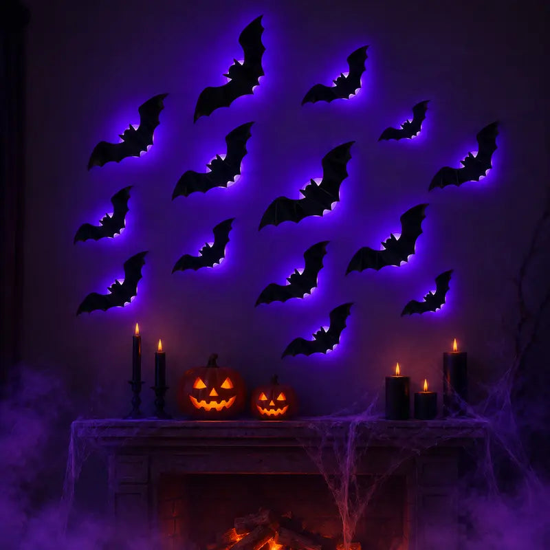 Halloween LED Light-Up Bats Decoration - 3D Black Bats for Wall & Ceiling - Perfect for Spooky Home Decor